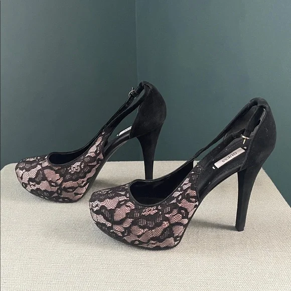 Guess Black Lace Overlay Pink platform Heels vintage - Picture 4 of 12